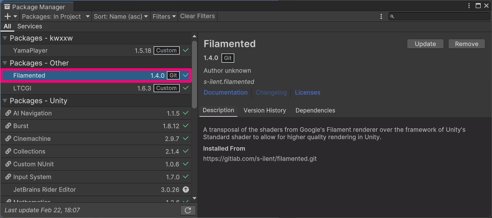 Unity Package ManagerでのFilamentedパッケージのインストール画面